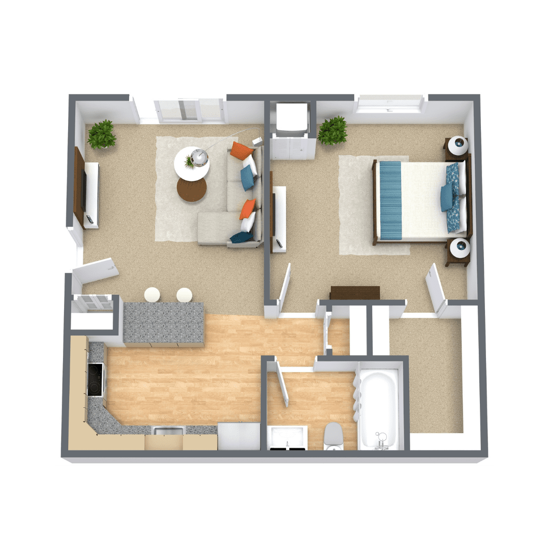 Ashbourne 1 Bedroom Downstairs 3D Floor Plan 1 Bedroom 1 Bathroom Downstairs Called the Ashbourne at Waterford Apartments