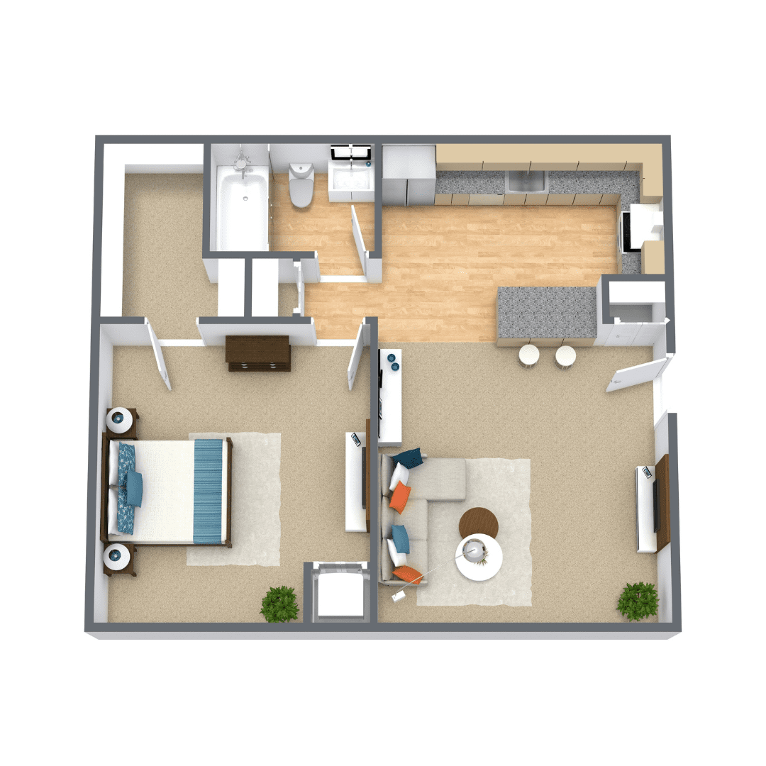 Bainbridge 1 Bedroom Downstairs 3D Floor Plan 1 Bedroom 1 Bathroom Downstairs Called the Bainbridge at Waterford Apartments