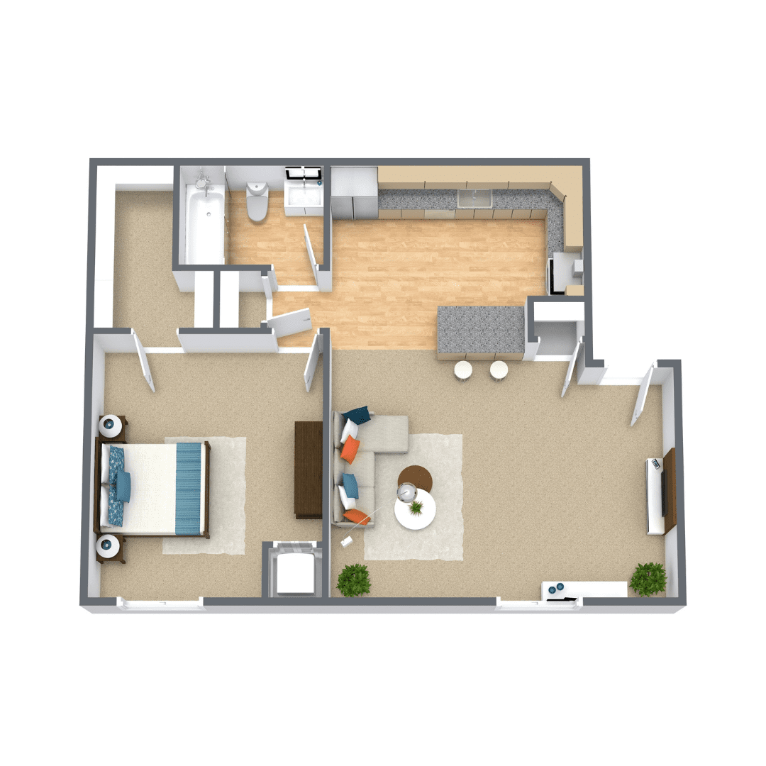Bainbridge 1 Bedroom Upstairs 3D Floor Plan 1 Bedroom 1 Bathroom Upstairs Called the Bainbridge at Waterford Apartments