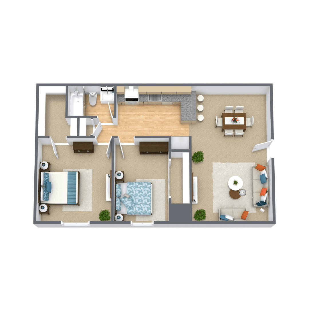 Clifton 2 Bedroom Downstairs 3D Floor Plan 2 Bedroom 1 Bathroom Downstairs Called the Clifden at Waterford Apartments